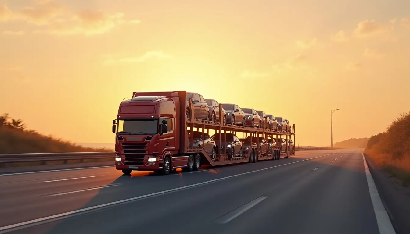 A transport truck loading cars in Miami, FL