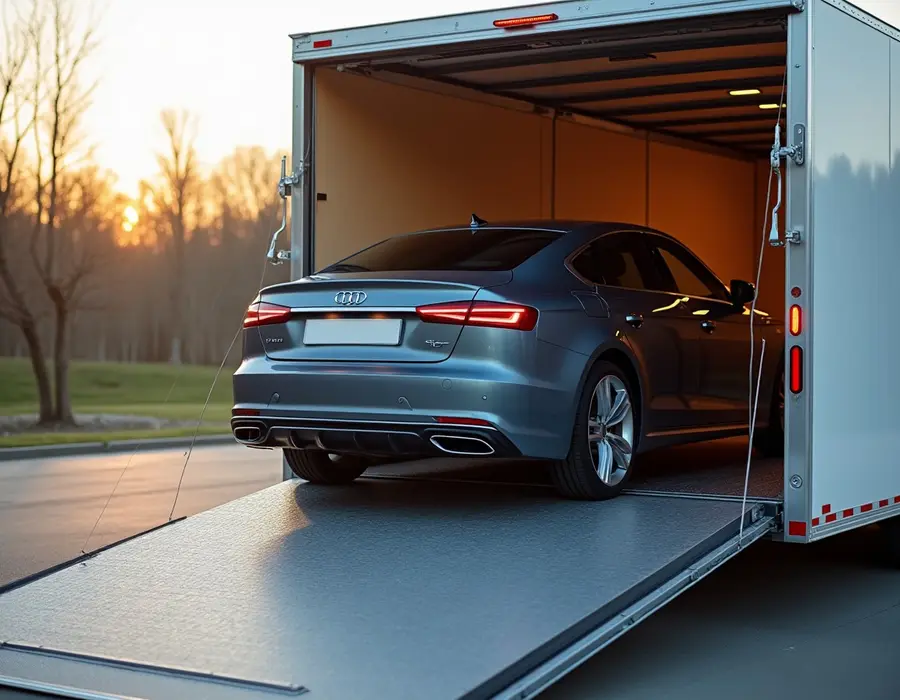 Luxury cars in enclosed trailer