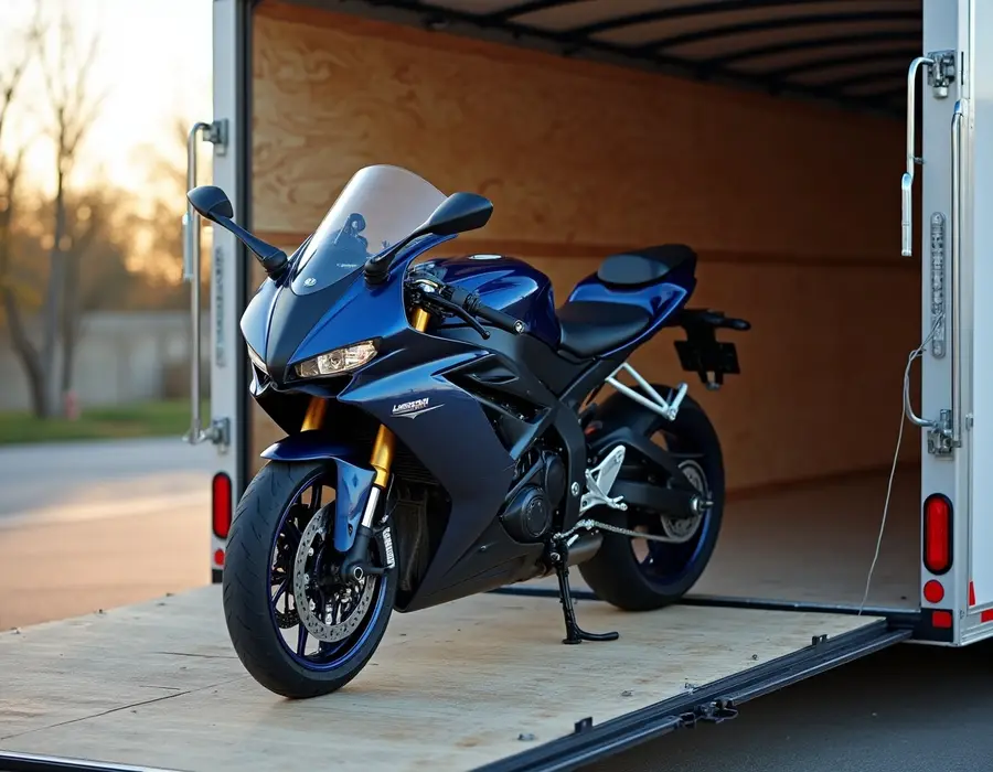 Motorcycle loaded on a transport trailer
